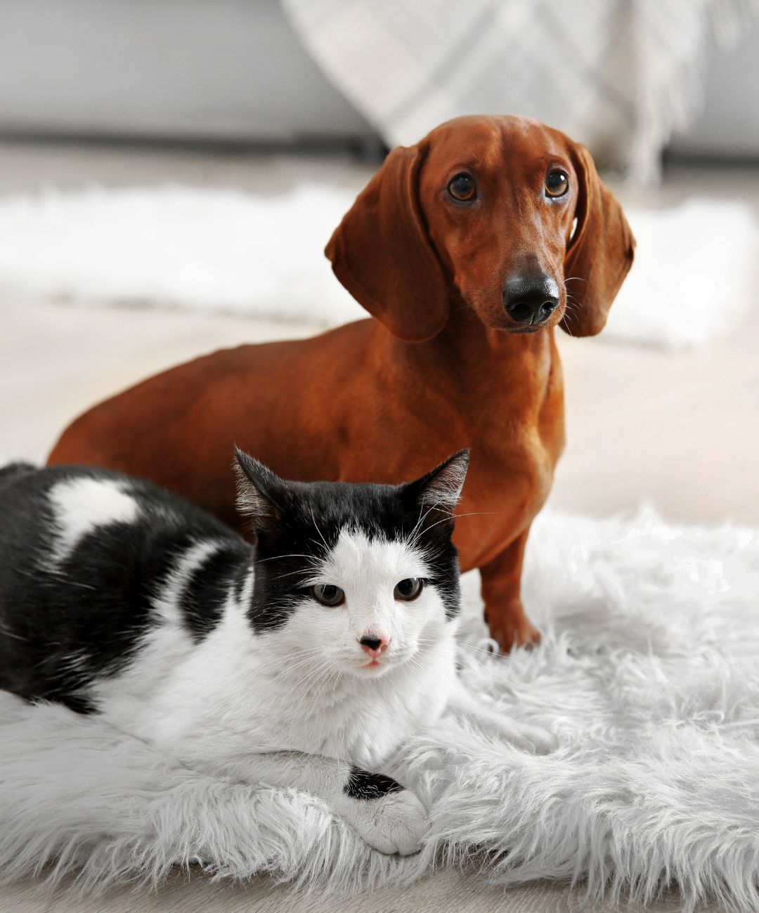 A dog and cat lying on a rug